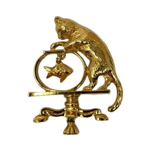 Vintage Avon Cat and Fish Bowl Brooch Pin Gold Tone Signed